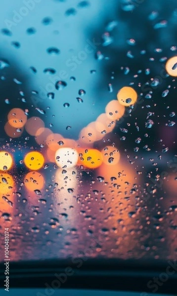 Fototapeta Raindrops on a window with city lights.
