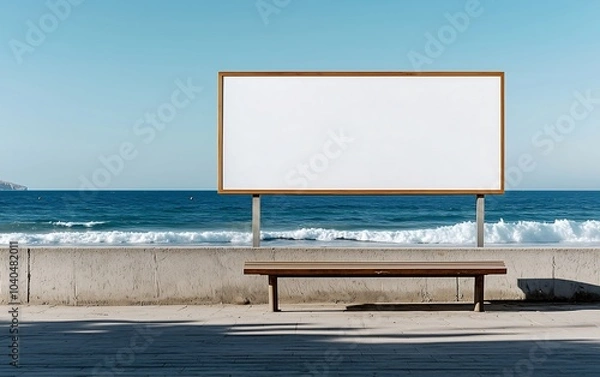Fototapeta A blank billboard near a beach, with gentle waves and a clear sky, sits above a wooden bench, inviting creativity and contemplation by the water.