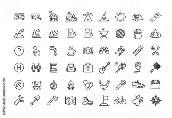 Fototapeta Camping Hiking Sign Black Thin Line Big Icon Set Include of Map, Compass, Signpost, Guitar and Car. Vector illustration
