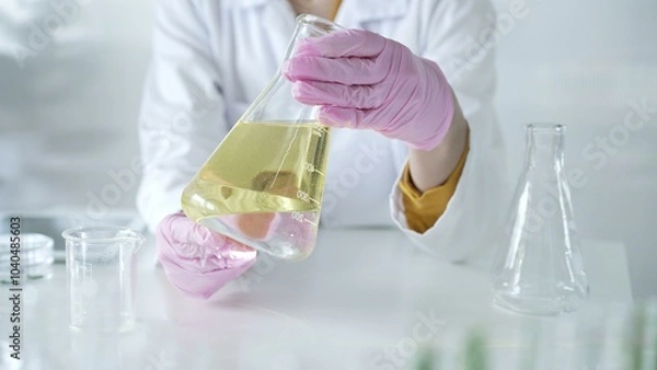 Fototapeta A scientist, wearing a lab coat and pink protective gloves, is holding a yellow oily liquid inside beaker in laboratory setting, close up. Medicine and science