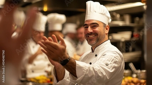 Fototapeta A joyful male chef in a professional kitchen setting, wearing a traditional white chef's hat and jacket, is clapping