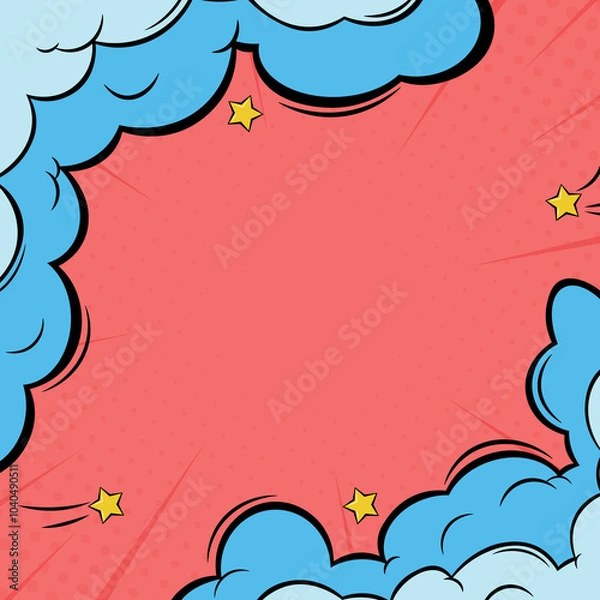 Fototapeta Red blank comic cartoon pop art background with clouds and stars halftone effect illustration
