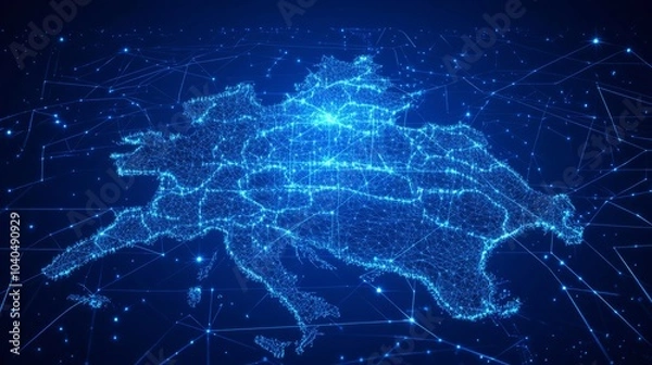 Fototapeta A 3D network map of the unreal country, covered in glowing mesh lines and point clusters on a modern blue background 