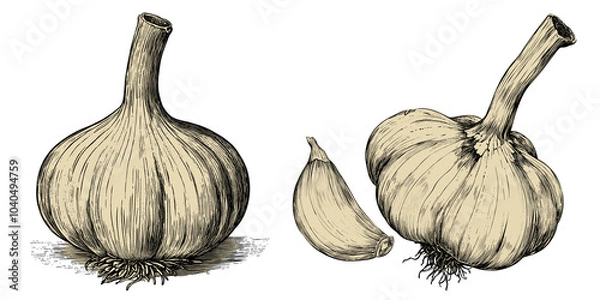 Fototapeta Vintage illustration of garlic bulb and cloves, showcasing its unique structure, isolated on a transparent background, PNG