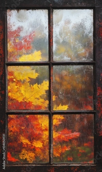 Fototapeta Fall foliage seen through a window pane.