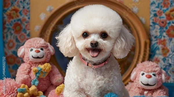 Obraz A cheerful white poodle poses among plush toys in a colorful and cheerful indoor setting decorated with flowers