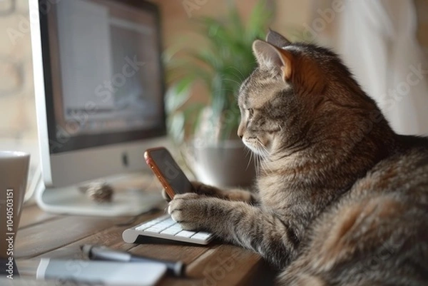 Fototapeta A cat sits in an office and stares at a smartphone screen
