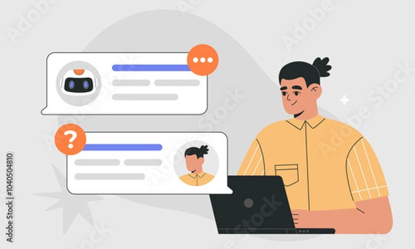Fototapeta AI chat bot and user communication concept, man asking Artificial Intelligent robot for business advice, customer chatting with human assistant online. Flat vector illustration on isolated background