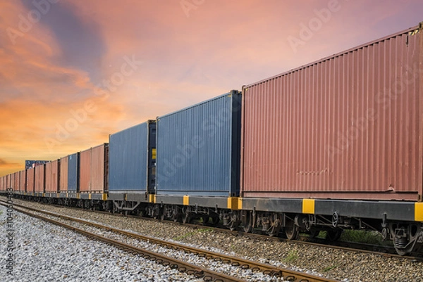 Obraz train  with container in shipyard for Logistic Import Export background