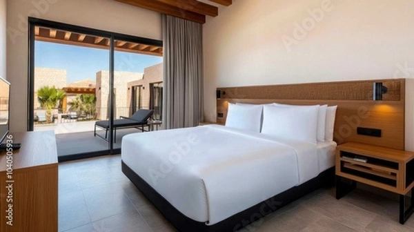 Fototapeta The spacious hotel room features a king-size bed with crisp white linens, minimalist wooden furniture, large windows, and access to a private outdoor space with sun loungers