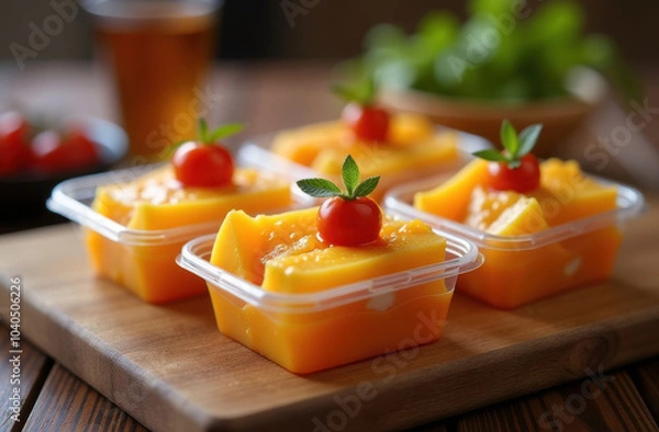 Fototapeta wooden board with different hard types of sliced ​​and packaged cheese and green leaves on top