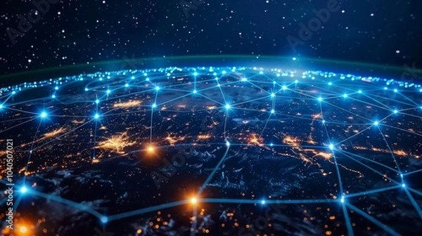 Fototapeta Earth with a network of digital lines showing global telecommunication and cryptocurrency