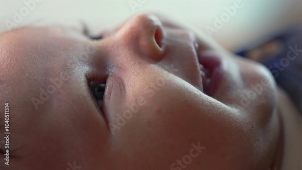 Obraz Close-up of a baby’s side profile while lying down, gazing upwards with soft expression. Infant resting peacefully indoors, observing surroundings with a calm and curious gaze