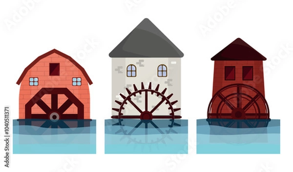 Fototapeta Set of ancient water mills in cartoon style. Vector illustration of an old stone water mill with windows, using water power, with spinning wheels isolated on white background. For grinding grain.