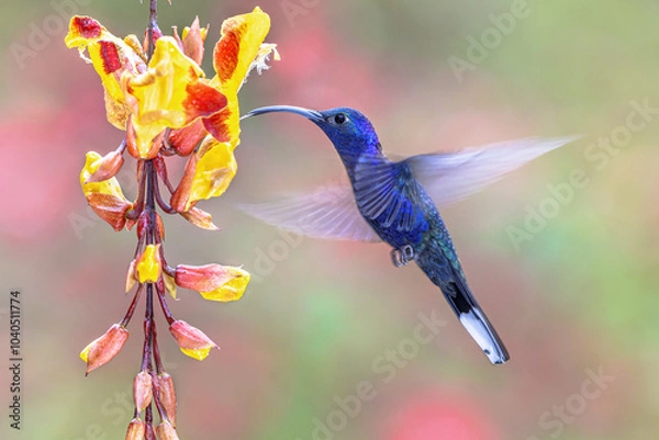 Fototapeta Violet sabrewing drinking nectar from beautiful flower