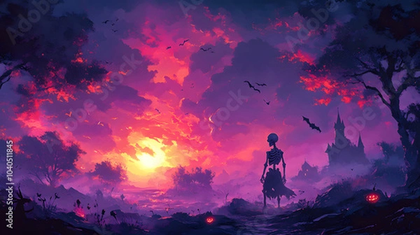 Fototapeta Joyous Skeleton Gazing Ahead with Enthusiasm in a Captivating Halloween Wonderland of Spirits