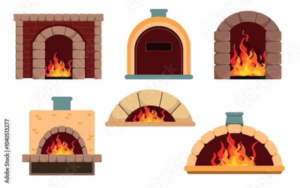 Fototapeta Set of stone ovens in cartoon style. Vector illustration of stoves of different shapes and sizes, fireplaces with fire isolated on white background. Thermal equipment for room heating and cooking.