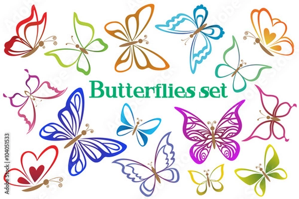 Fototapeta Set Butterflies Pictograms, Colorful Contours Isolated on White Background. Vector