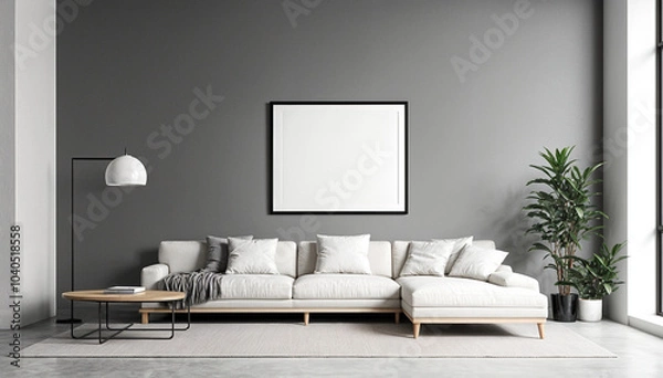 Fototapeta Modern minimalist living room with blank poster frame, white sofa, and indoor plants – mockup design
