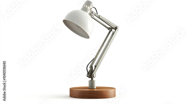 Fototapeta Modern White Desk Lamp with Adjustable Arm and Wooden Base