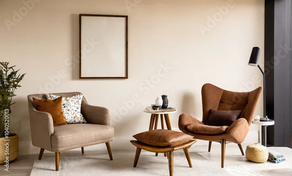 Fototapeta A stylish reading nook featuring a cozy armchair with a pillow, a framed mockup for artwork on the wall. Modern design	