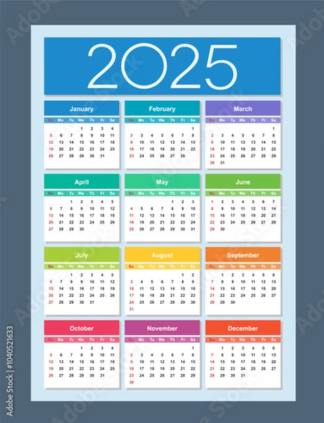 Fototapeta Colorful calendar for 2025 year. Week starts on Sunday. Vertical. Isolated vector illustration