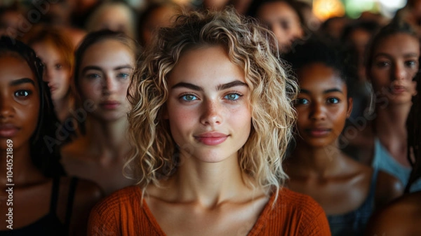 Fototapeta a large group of people, mostly caucasion, equal number of men and women, ages 20 to 65, looking into the camera,