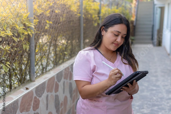 Fototapeta A Nurse in a pink scrubs is writing on a tablet