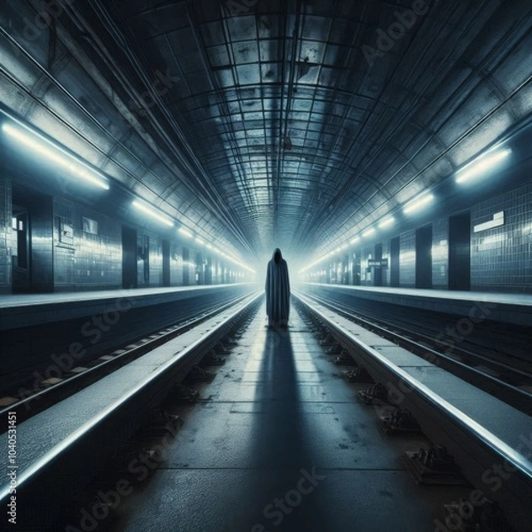 Fototapeta Eerie Figure Standing in Abandoned Metro