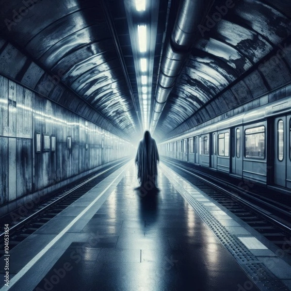 Fototapeta Dark Shadow Walking in a Deserted Subway Station