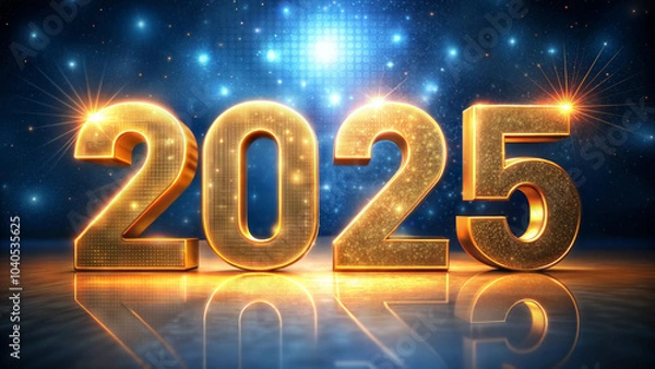 Fototapeta Golden numbers 2025 on a blue sparkling background