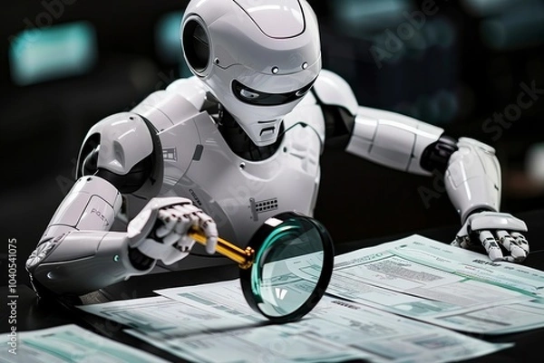 Fototapeta Photo of a Robot Using a Magnifying Glass to Inspect an Invoice