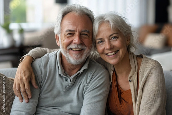Fototapeta Portrait of attractive aged retired couple hugging resting together at home sit on sofa laughing looking at camera, enjoy their harmonic relationships lifelong marriage and carefree life on retirement