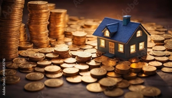 Fototapeta Charming tiny house surrounded by piles of coins, representing the economic benefits of downsizing in real estate and financial savings for cost-effective living