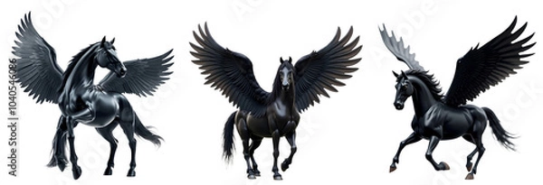 Fototapeta Set of Black Pegasus Horse Isolated on Transparent Background