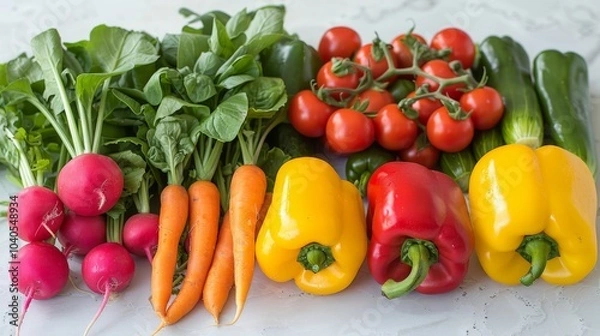 Fototapeta A selection of colorful vegetables, including bell peppers, cucumbers, and radishes, arranged on a white table. Fresh and healthy