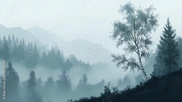 Fototapeta Foggy autumn woodland scene with vibrant fall colors and mist enveloping the trees, creating a peaceful and mysterious seasonal landscape.