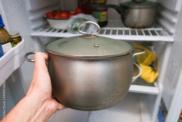 Fototapeta A hand taking a pot from a frige, refrigerator. Home cooking and healthy food concept