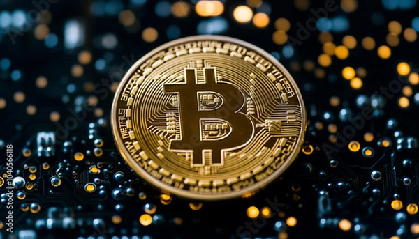 Fototapeta close up of a golden bitcoin