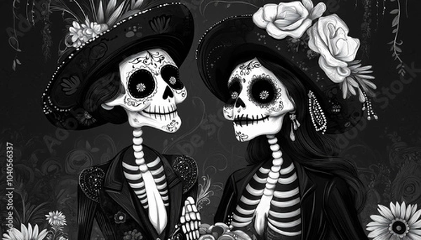 Fototapeta black and white portrait of a day of the dead catrin and catrina couple