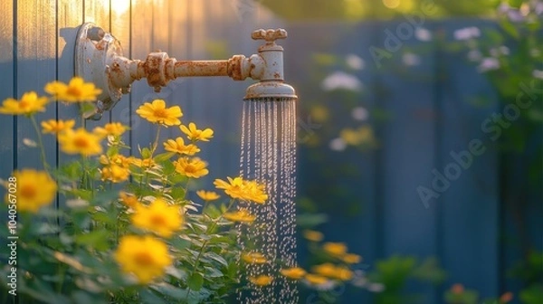 Fototapeta Rustic faucet with water flowing amidst vibrant flowers.