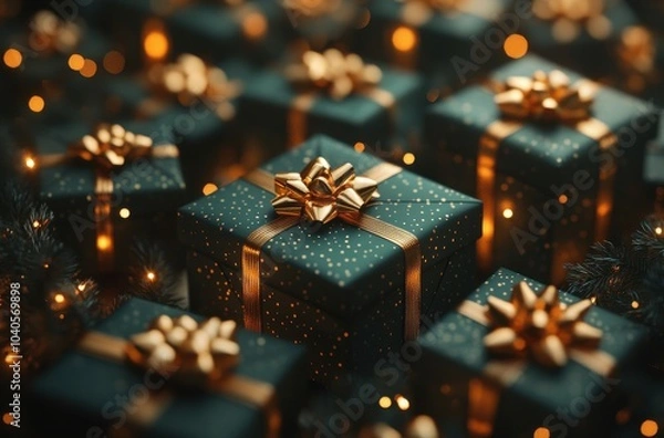 Fototapeta Beautiful 3D rendering of elegant green gift boxes adorned with shimmering golden ribbons, ideal for festive occasions and holiday celebrations