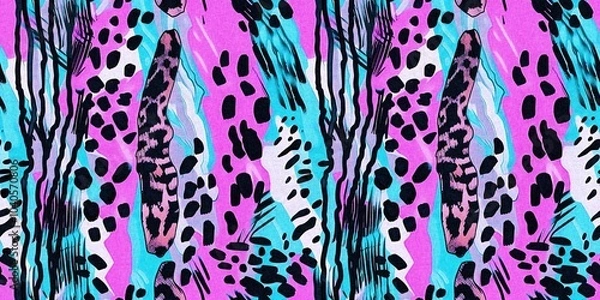 Obraz Fun girly camouflage border pattern in vibrant stripes and spotted seamless design . Modern skin banner texture patched effect for festival and beach wear style in ribbon repeat.