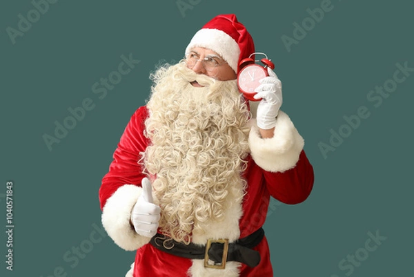 Fototapeta Santa Claus with alarm clock showing thumb-up on green background