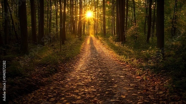 Fototapeta A tranquil forest trail at sunset, with golden light filtering through the trees, and a carpet of fallen leaves