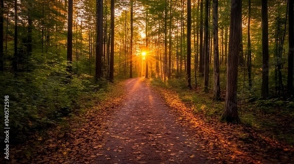 Fototapeta A tranquil forest trail at sunset, with golden light filtering through the trees, and a carpet of fallen leaves