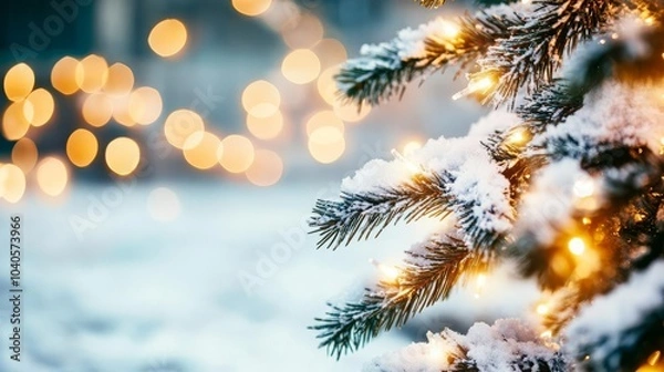 Fototapeta Christmas lights glowing on a snowy pine tree, creating a magical winter night