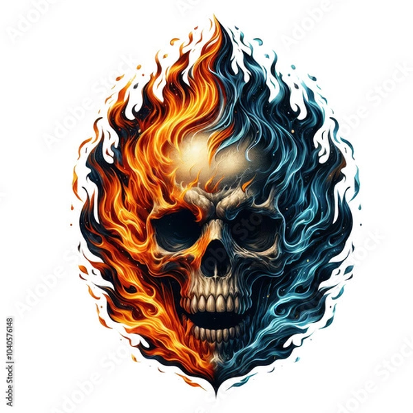 Obraz skull in yellow and blue flames surrounding it, png