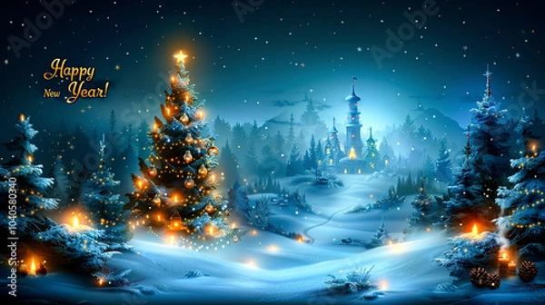 Fototapeta Festive background with Christmas tree, snow and snowflakes. Greeting card with Happy New Year lettering