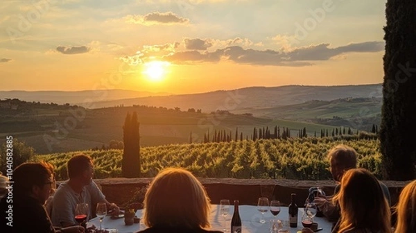 Fototapeta A sunset wine tour in Tuscany, with visitors enjoying a glass of red wine on a terrace overlooking the vineyard